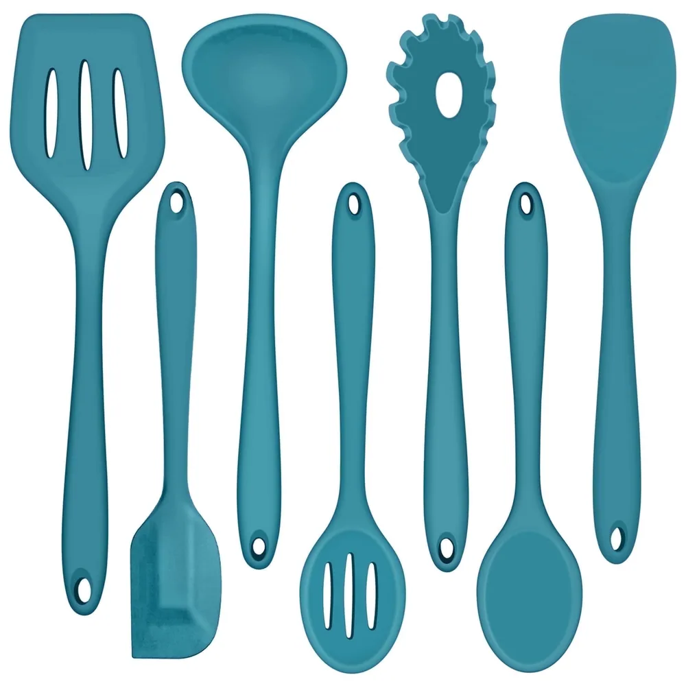 7-Piece Silicone Cooking Utensils Set, Blue Kitchen Utensils, Non-stick Gadgets Tools Include Slotted Turner, Soup Ladle, Pasta Server