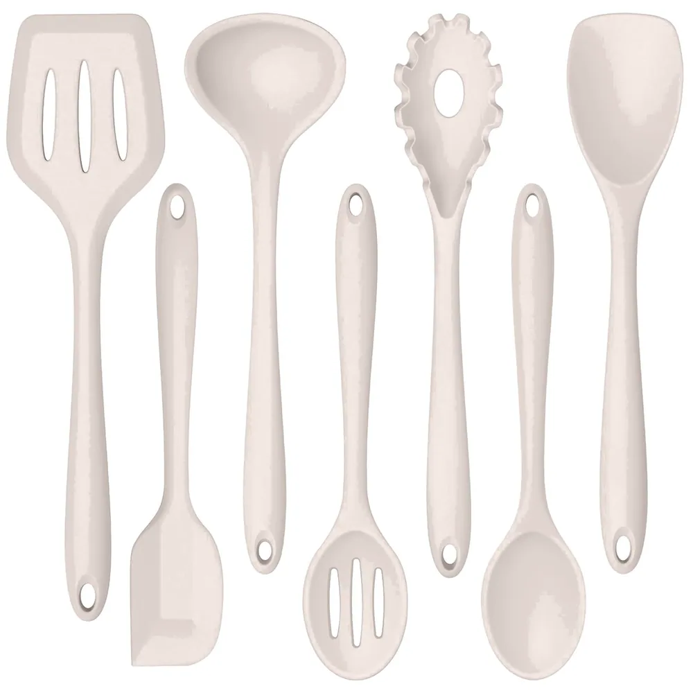 7-Piece Utensils Set, Khaki, Silicone Cooking Utensils for Kitchen, Non-stick Gadget Tools Include Slotted Turner, Soup Ladle, Pasta Server, Dishwasher Safe & Heat Resistant